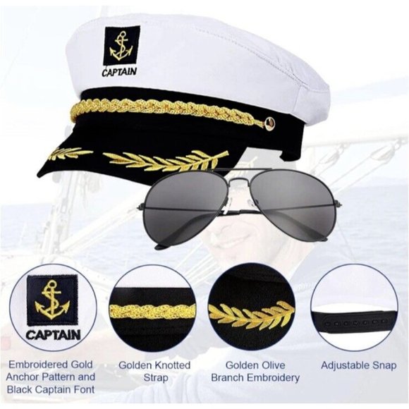 White Yacht Captain Hat Sailor Cap Party Accessories Set with Aviator Su… - Picture 3 of 8